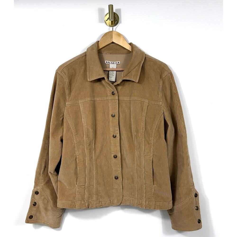 A.M.I. Women Tan corduroy lightweight stretch jacket Sz XL snap jacket - Picture 2 of 12